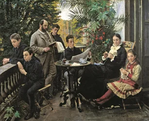 Het Hirschsprung familieportret. Van links Ivar, Aage, Heinrich, Oscar, Robert, Pauline en Ell...